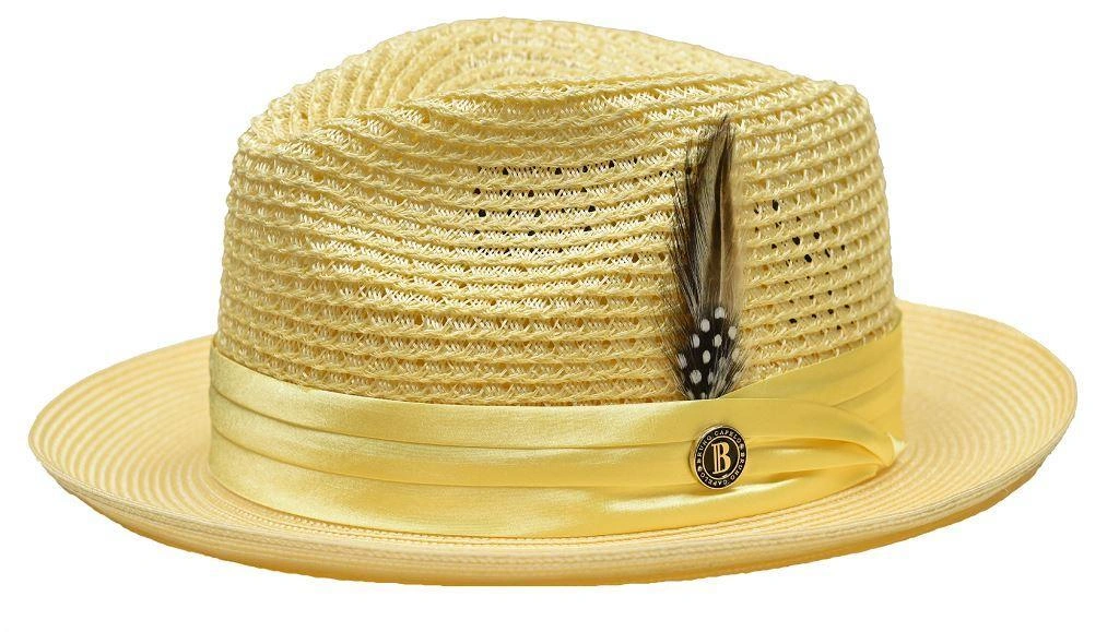 Gele Fedora met gevlochten stro: Zomerse stijl, casual elegantie, en de perfecte zonnestralen bescherming.